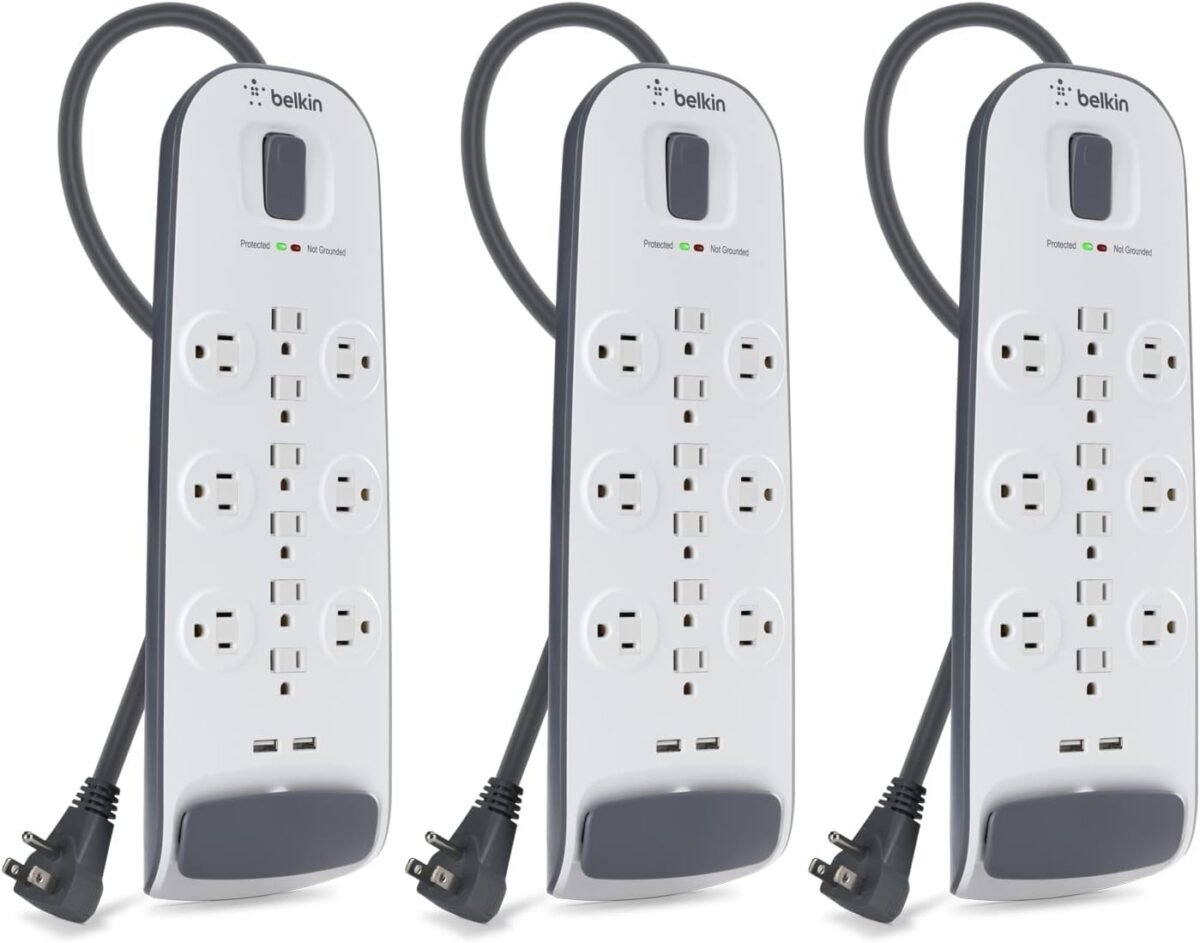 Outlet USB Power Strip Surge Protector, Flat Plug, 6ft Cord (3,996 Joules), White - Pack of 3 - Image 1