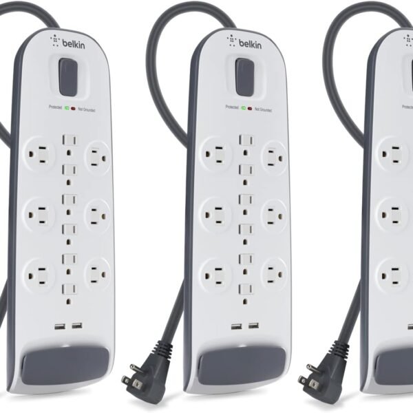 Outlet USB Power Strip Surge Protector, Flat Plug, 6ft Cord (3,996 Joules), White - Pack of 3