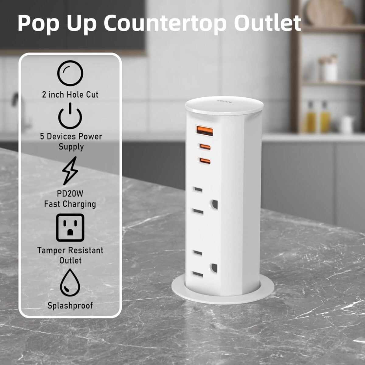 2 inch Space Saver Pop Up Outlet for Countertop with PD20W USB Ports,2 Outlets Tamper - Image 7